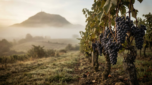 Close-up of ripe volcanic wine grapes on the vine in the Auvergne region