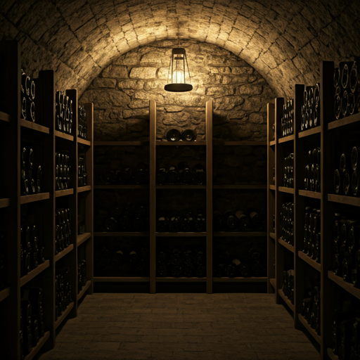 Bouteilles de vin dans une cave voûtée en pierre